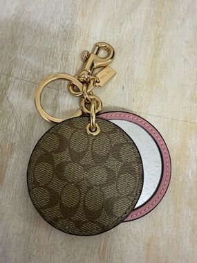 Coach Brown Signature Canvas & Pink Leather Round Keyring Mirror